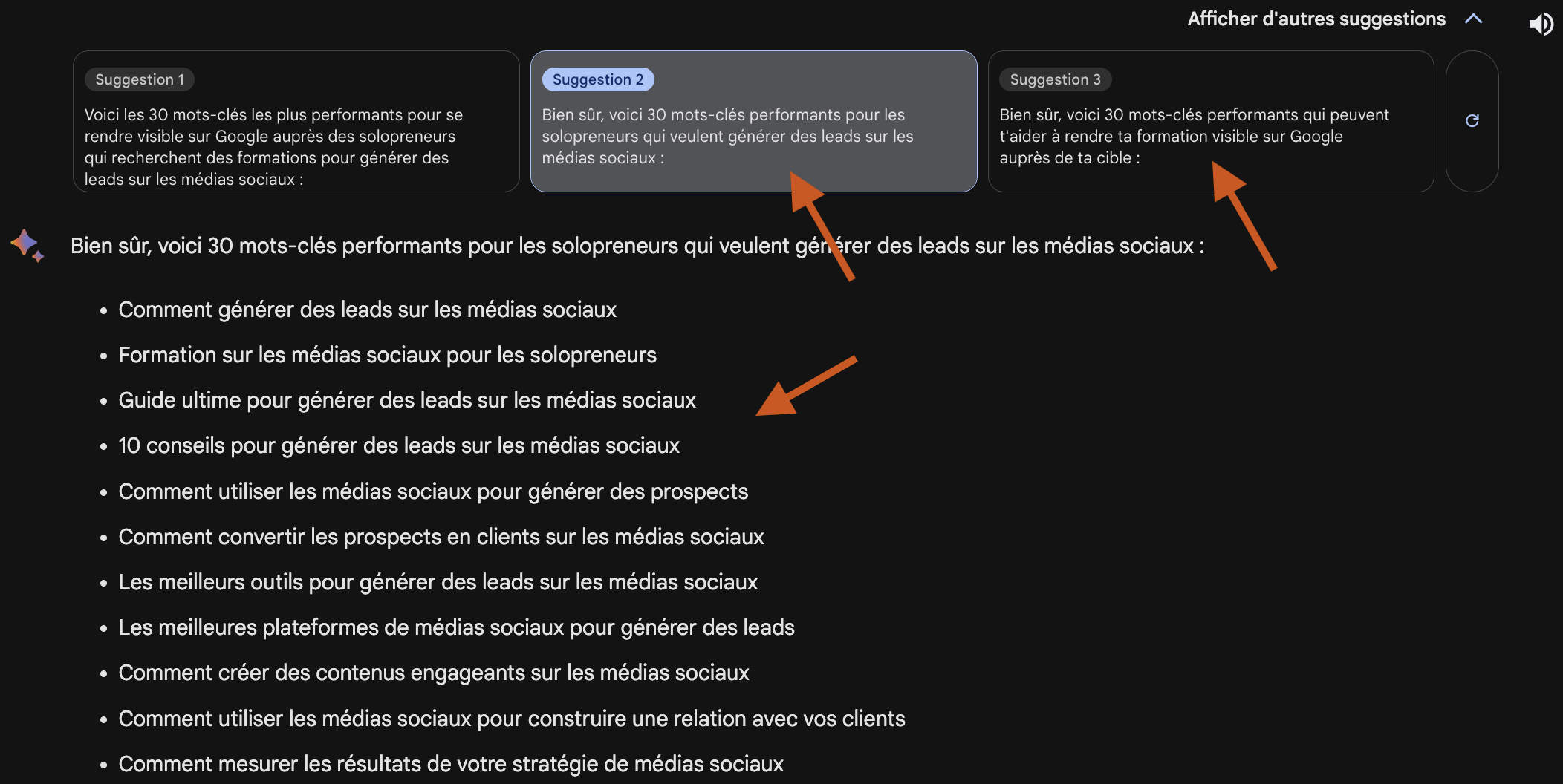 Recherche de mots-clés SEO Bard Suggestions