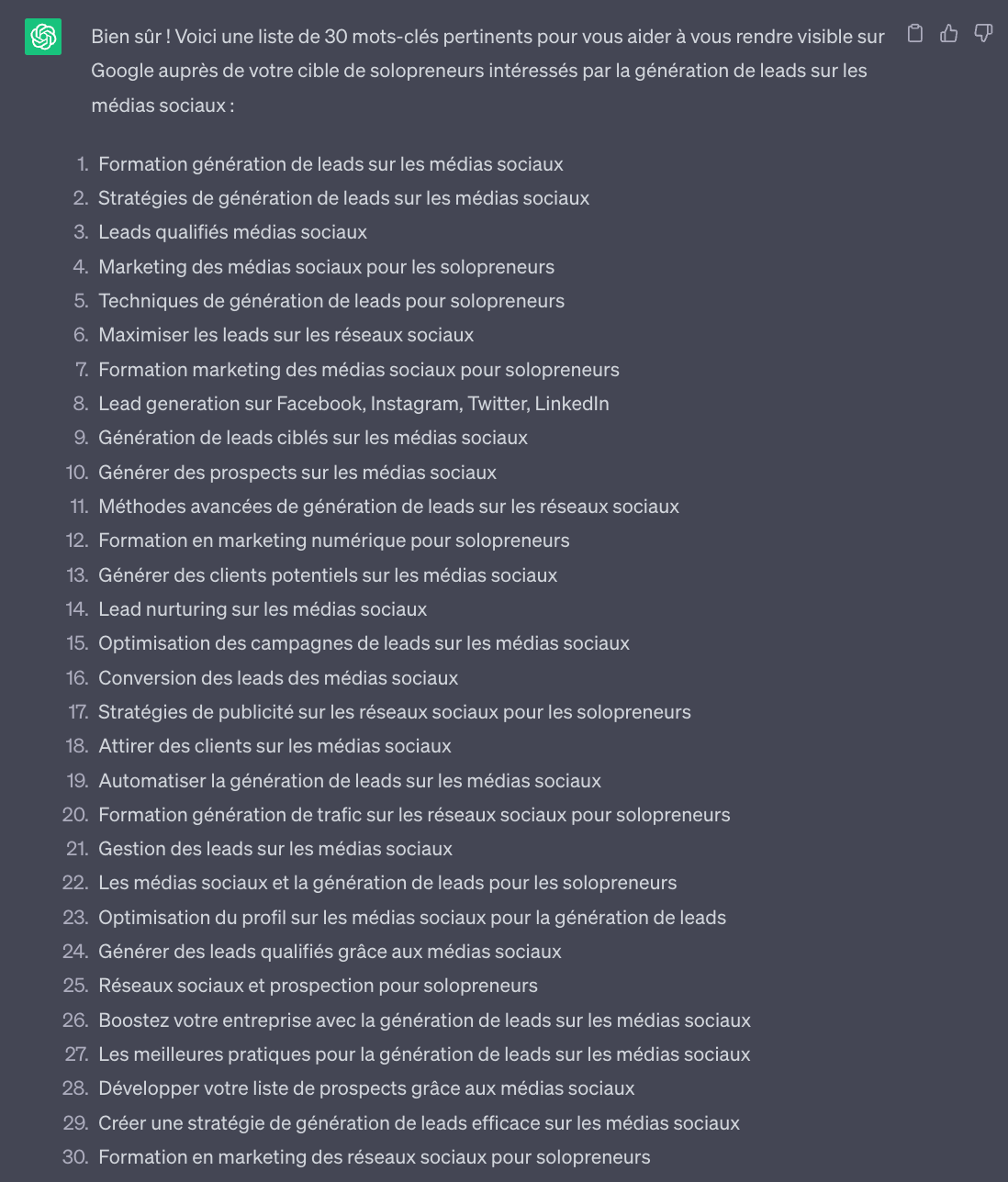 Suggestions mots-clés SEO ChatGPT