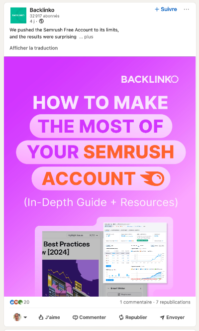 Exemple de publication sur une profil entreprise