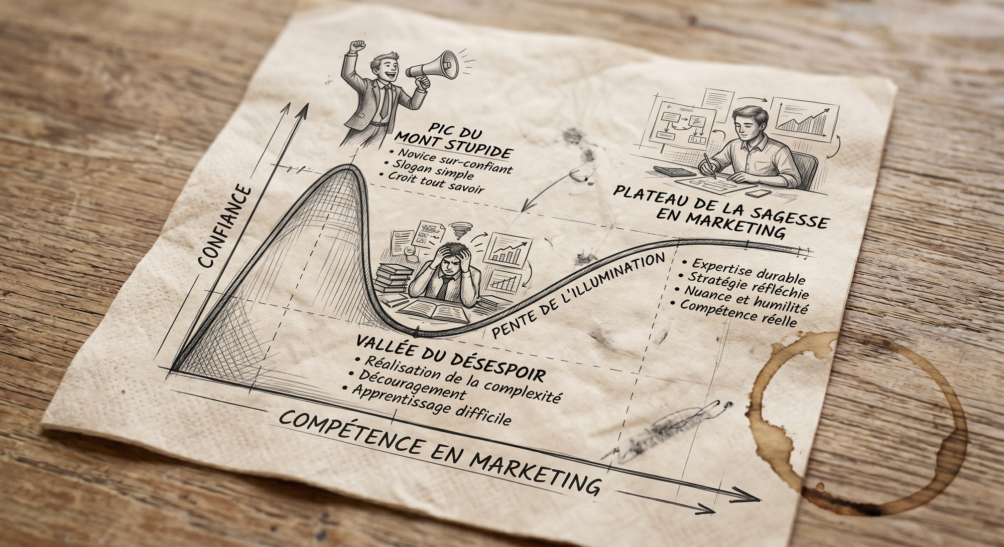 Courbe de l'effet Dunning-Kruger appliquée au marketing de contenu : pic de confiance du débutant, vallée du désespoir et plateau de la sagesse