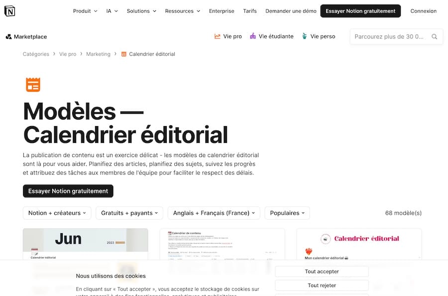 Calendrier éditorial sur Notion