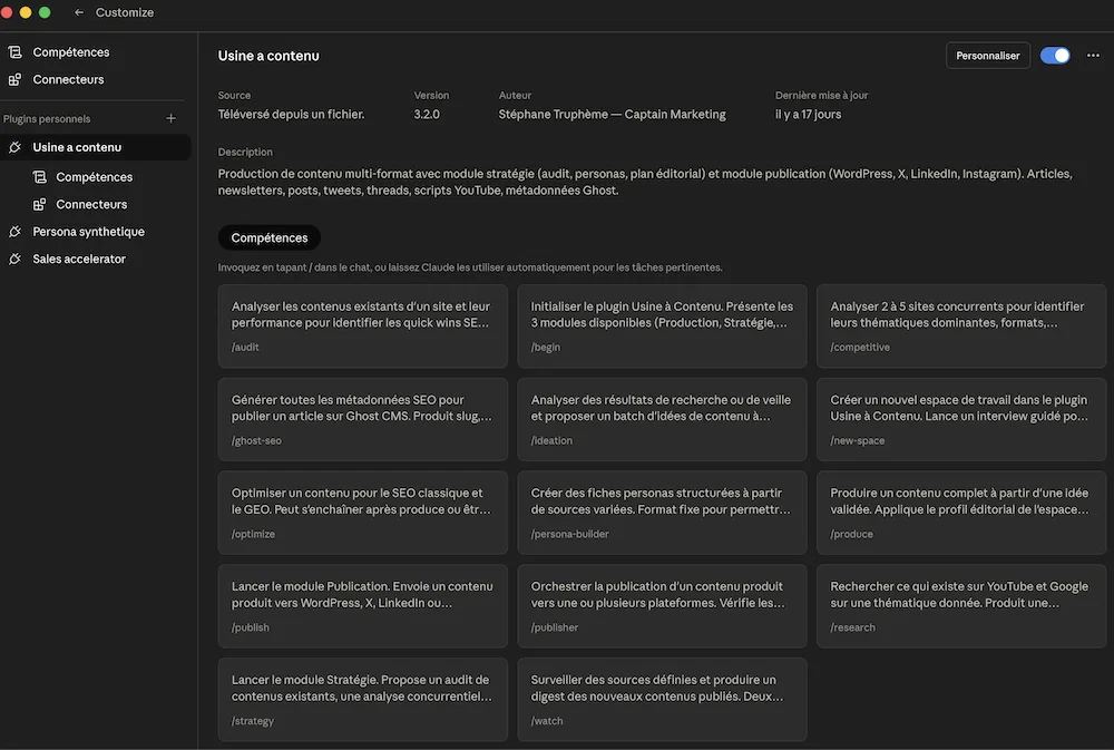 Les différentes modules du Plugin Cowork Usine à Contenu