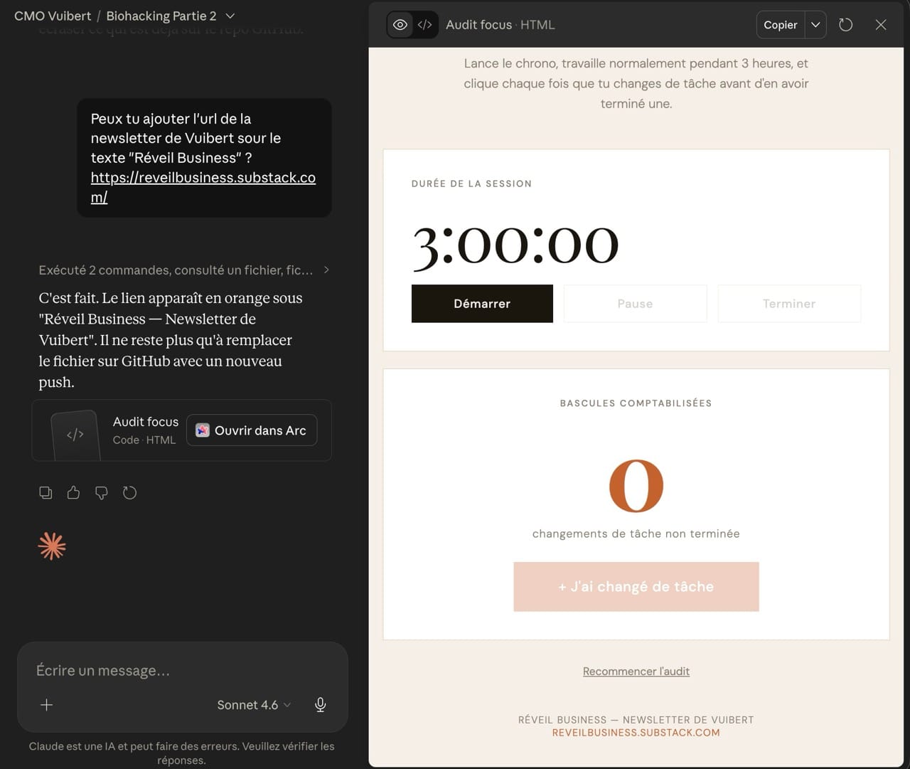 Exemple d'artefact en cours de création pour la Newsletter "Le Réveil Business" - Vuibert