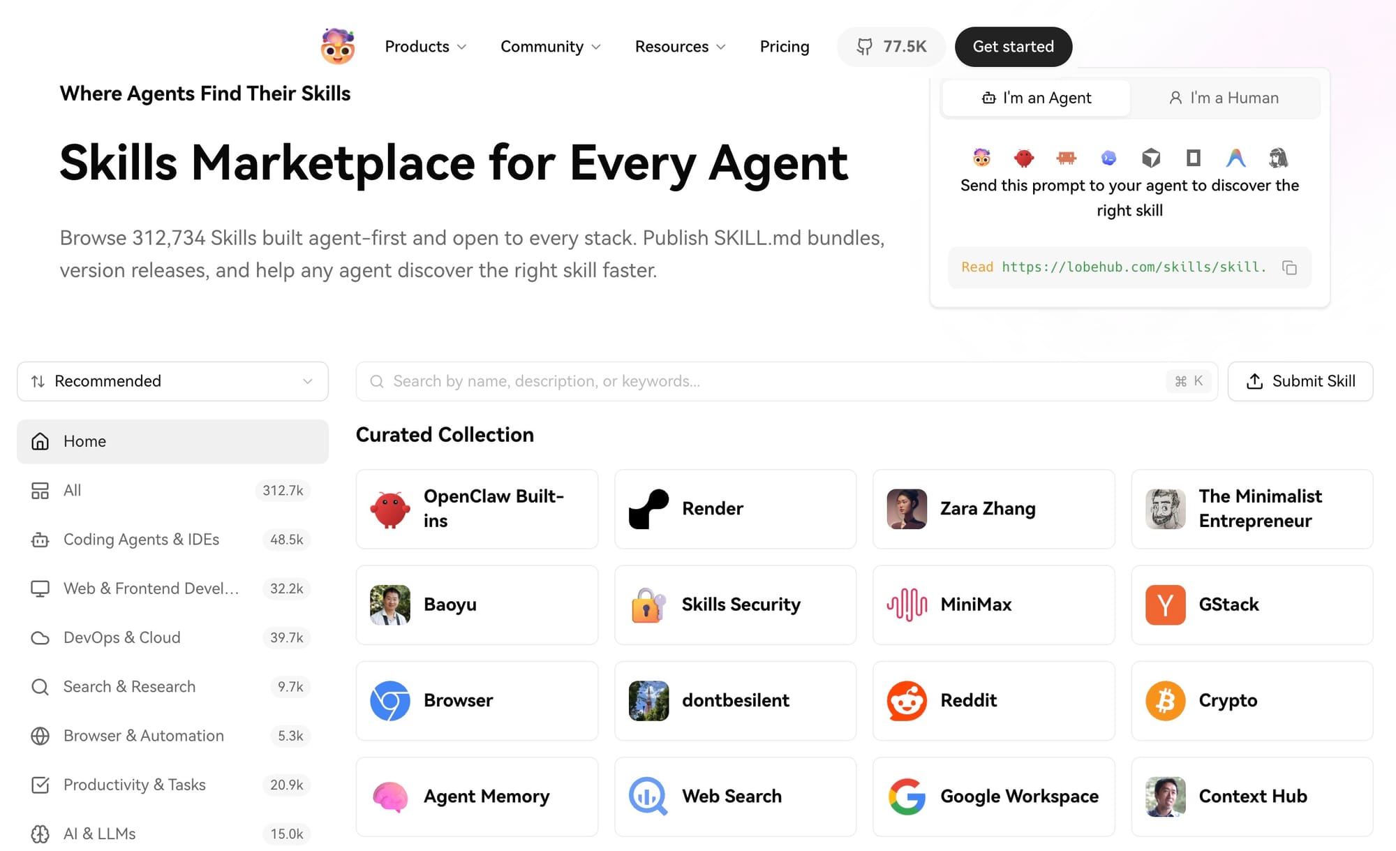 nterface de LobeHub Skills Marketplace : 312 734 skills disponibles par catégorie (Coding Agents, DevOps, Productivity, AI & LLMs)