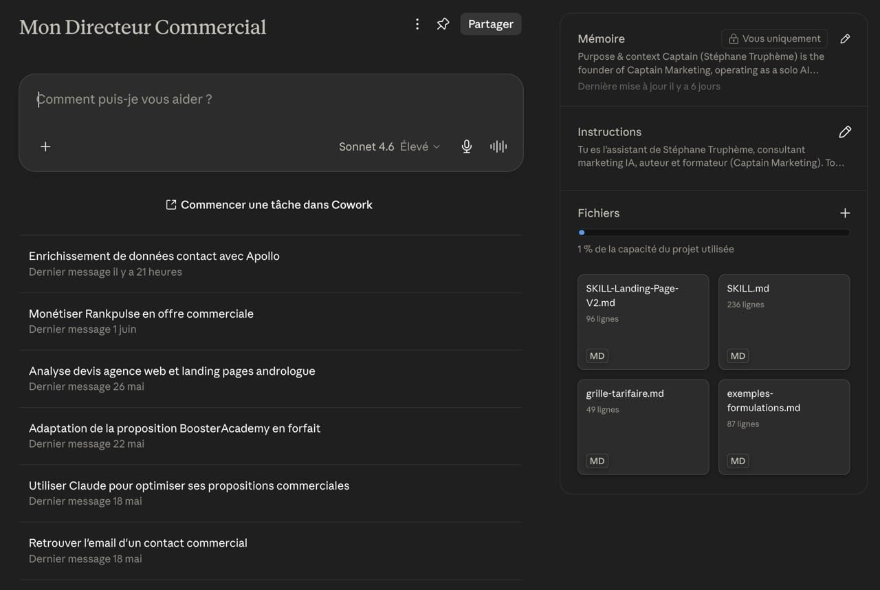 Interface du projet Claude "Mon directeur commercial" utilisé pour générer une proposition commerciale avec l'IA