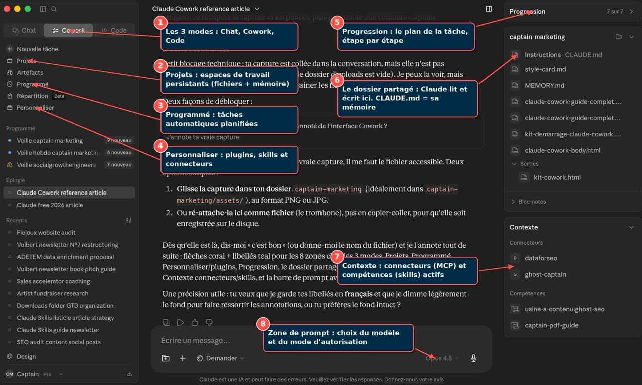 Claude Cowork ouvert dans Claude Desktop avec un espace de travail et le fil de tâche de l'agent