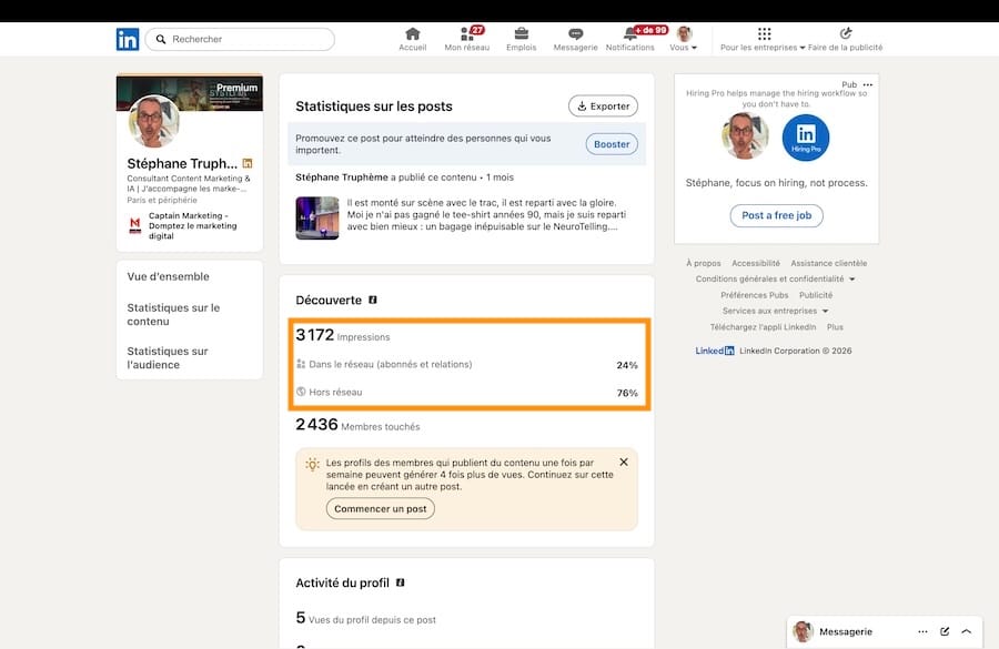 Statistiques d'une publication LinkedIn : la section Découverte affiche 76 % de portée hors réseau sous le nombre d'impressions