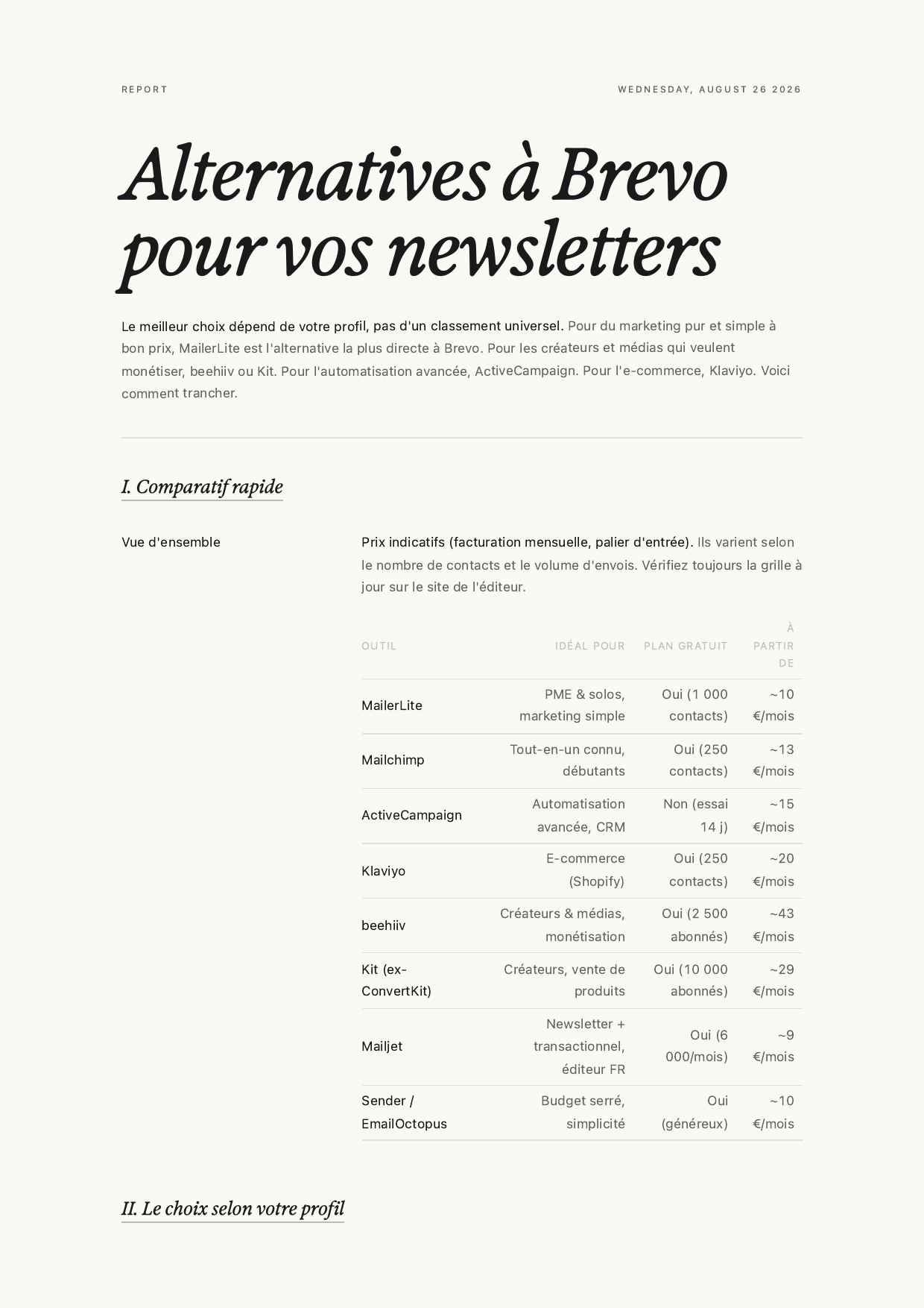 apport généré par le navigateur IA Dia : comparatif de 8 alternatives à Brevo avec recommandation, exemple réel de réponse d'un moteur IA"