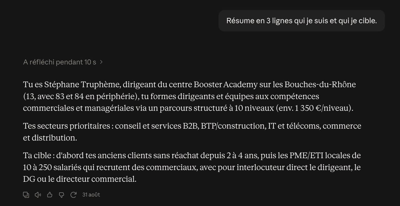 Réponse de Claude au test de contrôle du Projet, qui restitue le contexte commercial