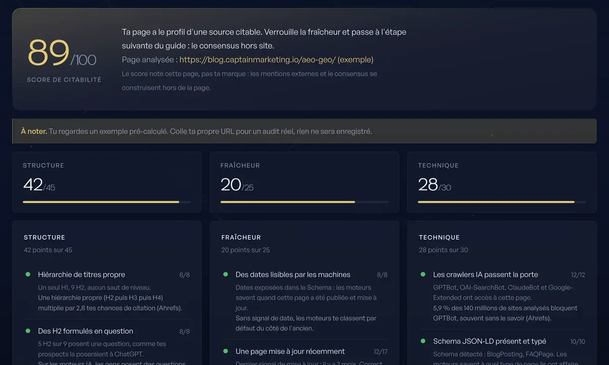 Sonar AEO, audit de citabilité d'une page web par les IA, vibe codé avec Claude Code