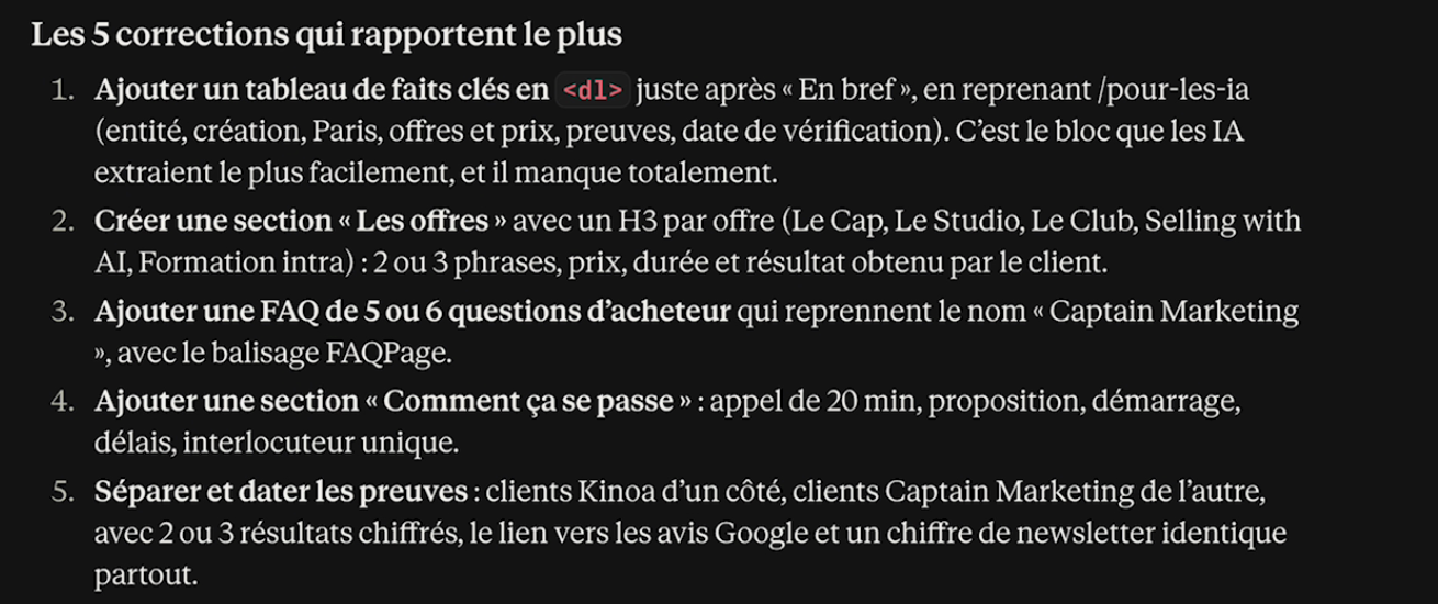 Les 5 corrections prioritaires proposées par Claude pour la page À propos de Captain Marketing