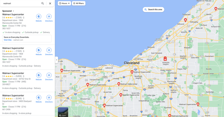 Google Maps image of Cleveland with Walmarts Identified. 