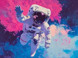 An astronaut floating in space in a nebula backdrop in a white spacesuit reaching out with one hand.