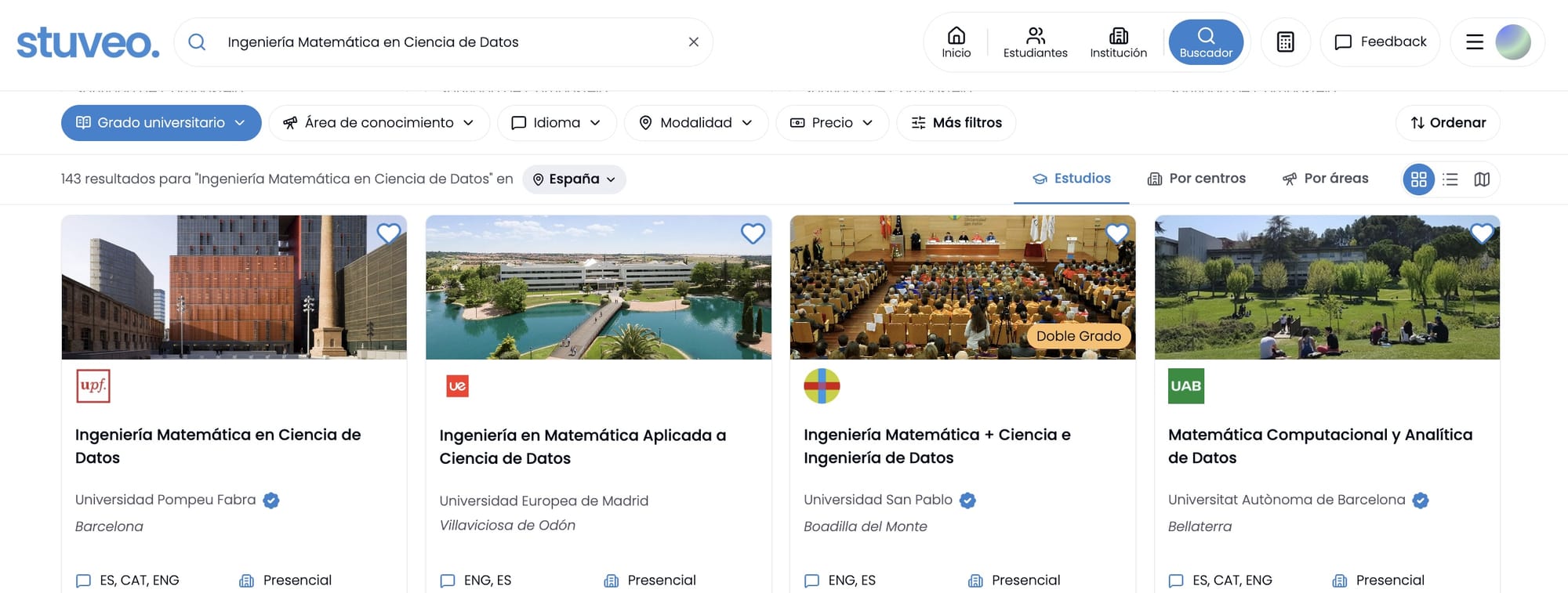 Resultados del buscador para un grado universitario
