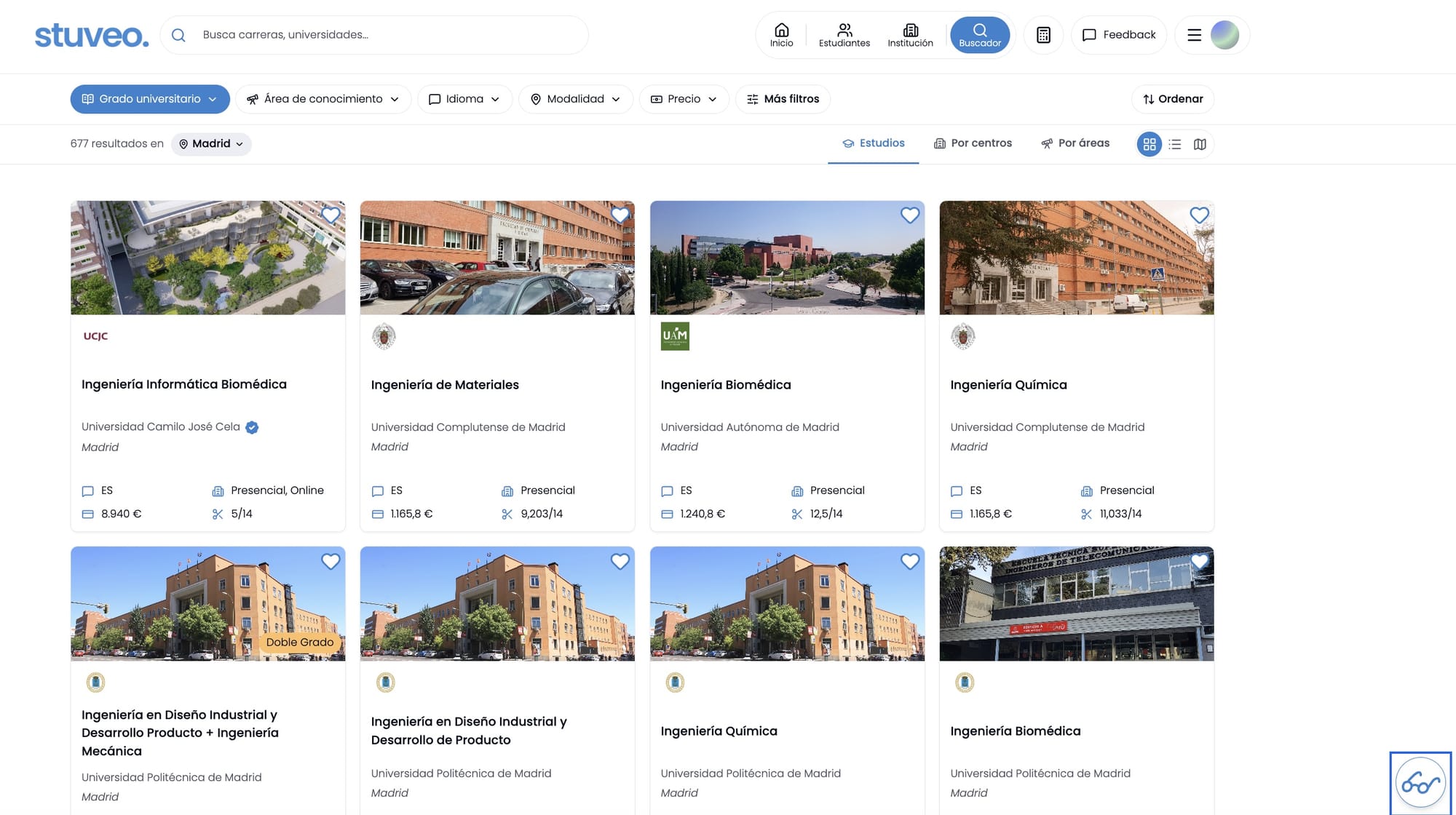 Buscador de estudios con el icono de Gabi marcado abajo a la derecha