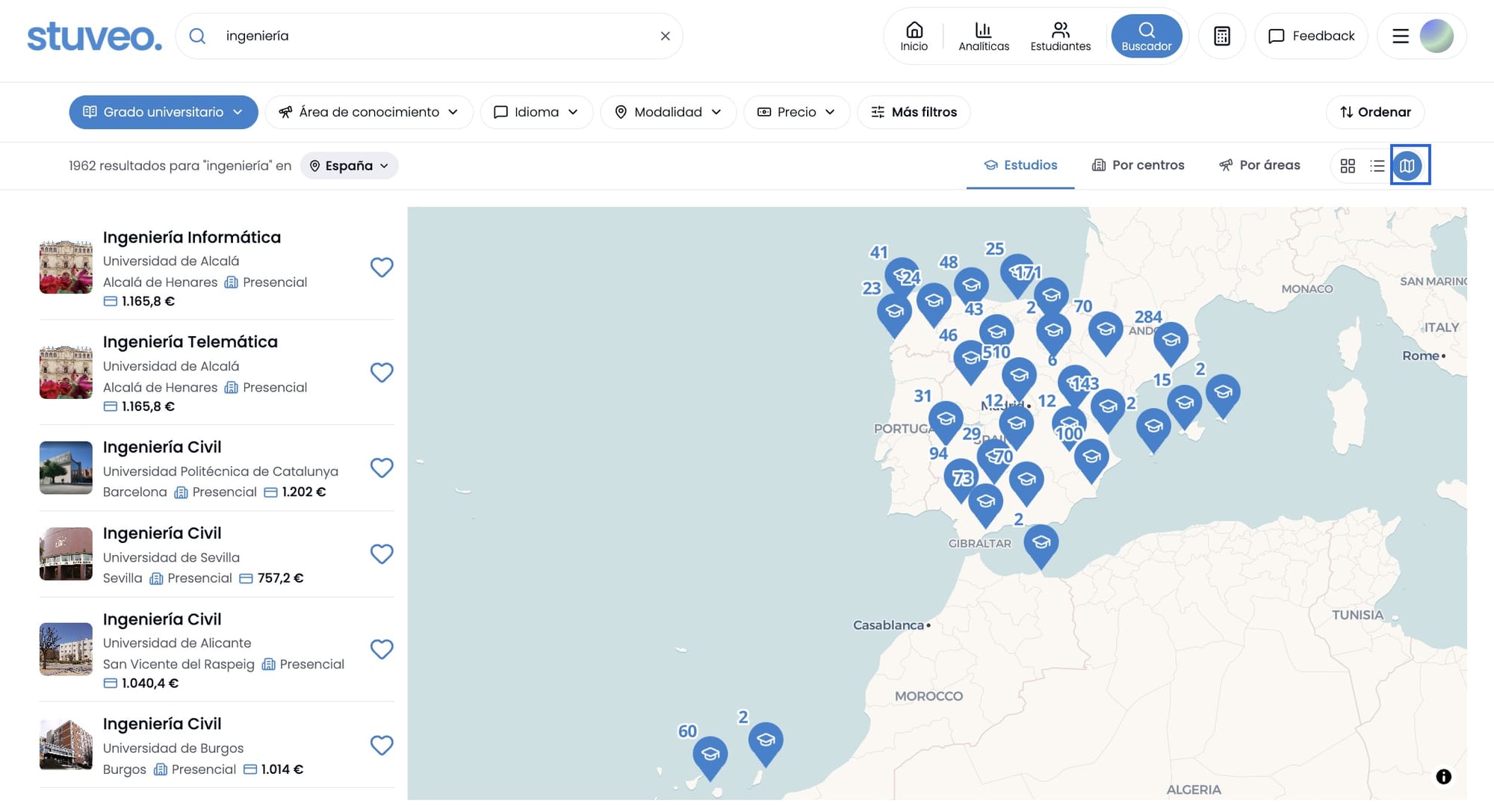 Vista de mapa a nivel nacional, con el icono de mapa marcado