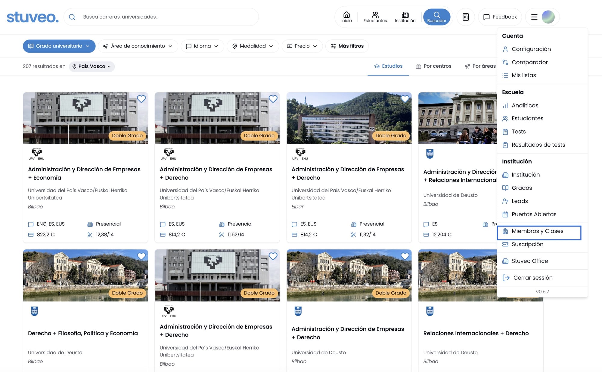 Menú superior derecho con la opción Miembros y Clases marcada