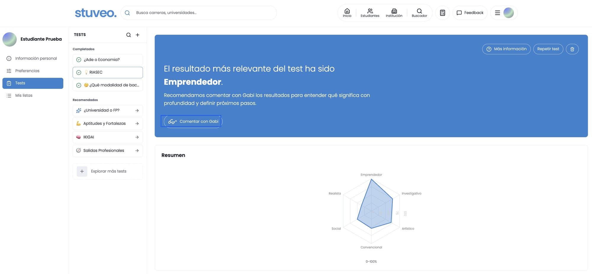 Resultado de un test completado, con el botón Comentar con Gabi marcado