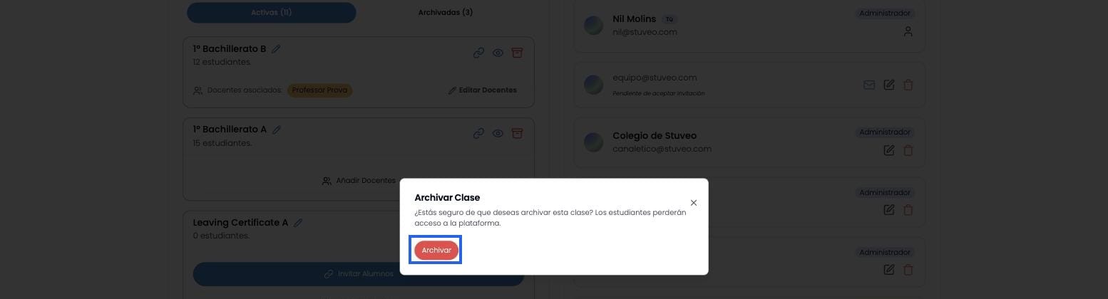 Ventana de confirmación para archivar una clase, con el botón Archivar marcado