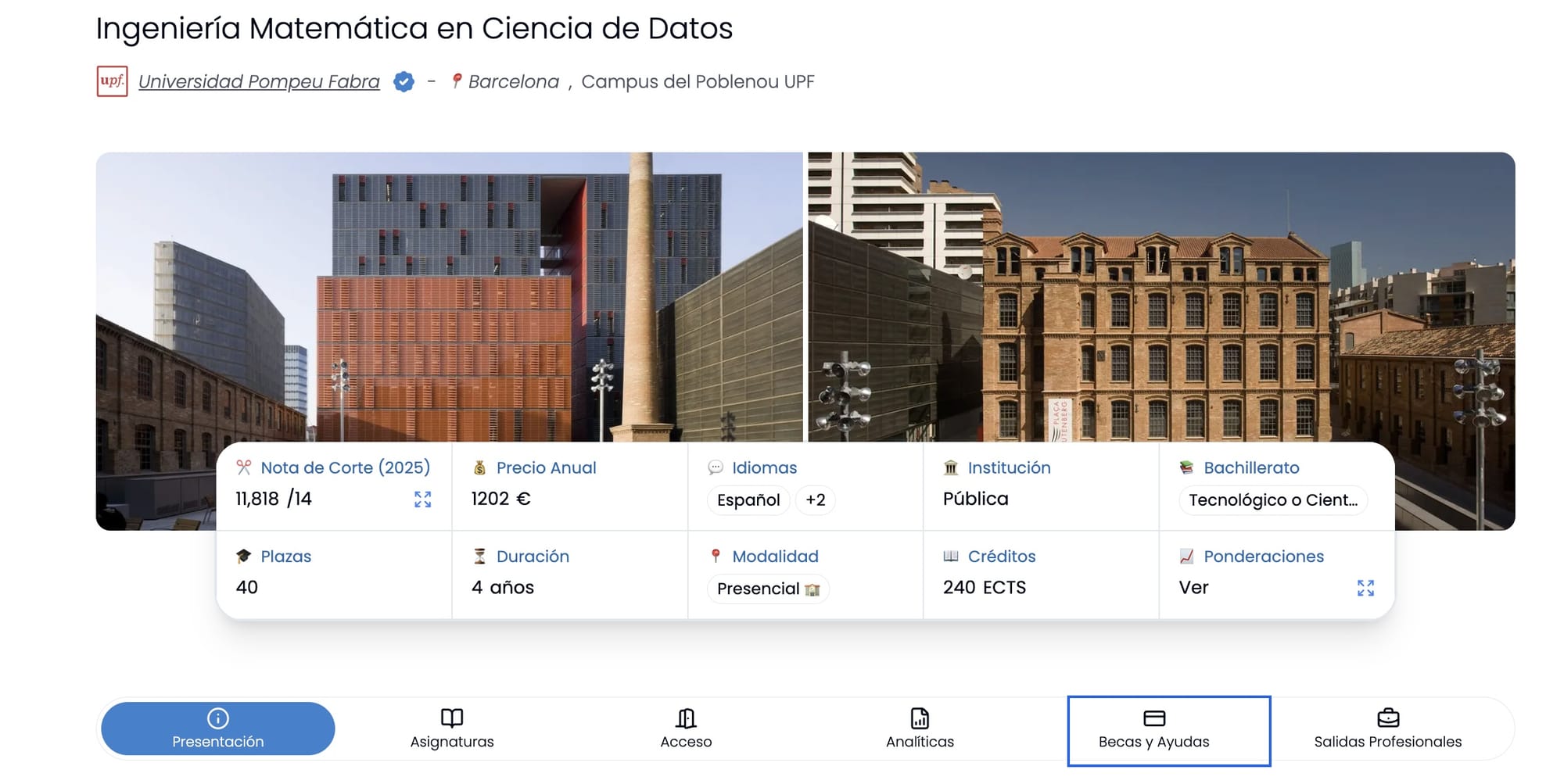 Ficha de un grado con la pestaña Becas y Ayudas marcada