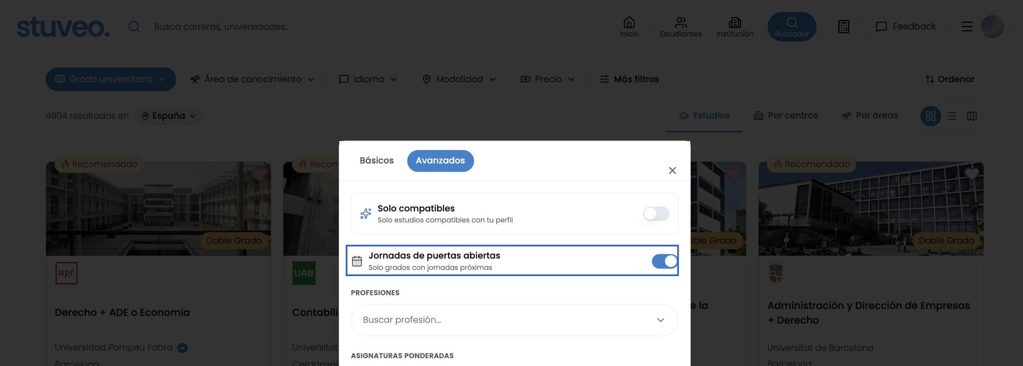 Filtros avanzados del buscador con el interruptor de Jornadas de puertas abiertas activado