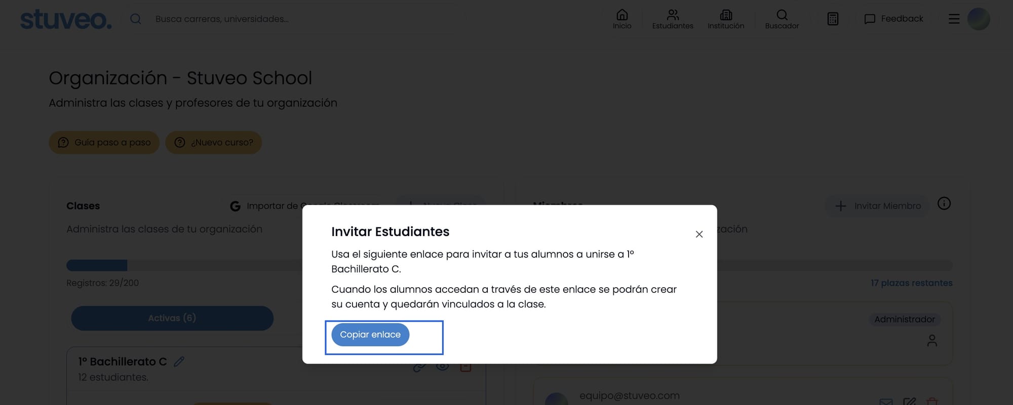 Modal Invitar Estudiantes con el botón Copiar enlace marcado