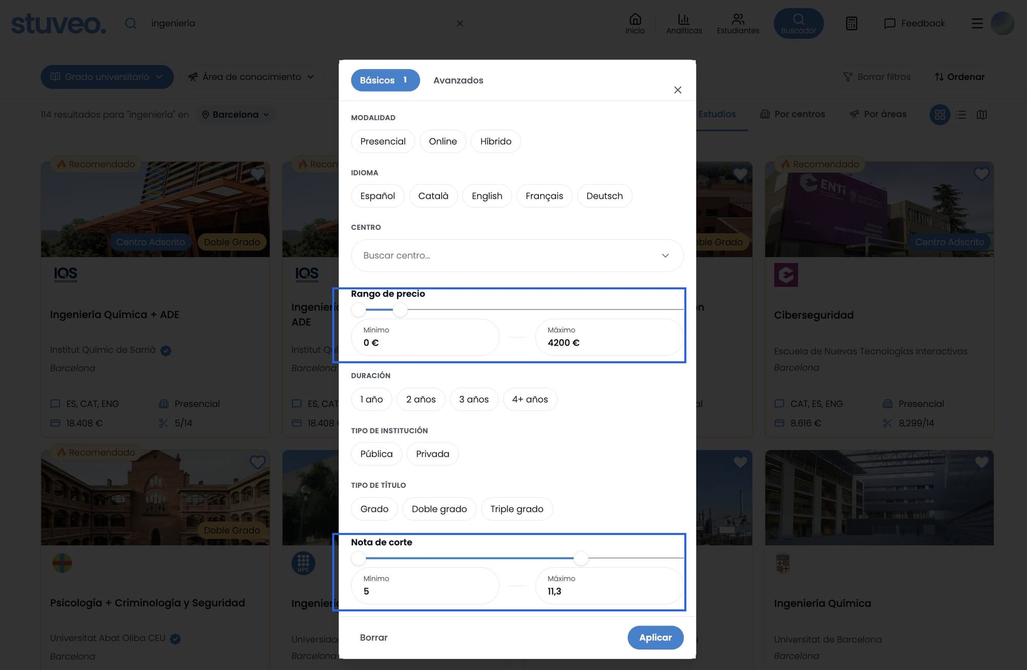 Modal de Más filtros con Rango de precio y Nota de corte marcados
