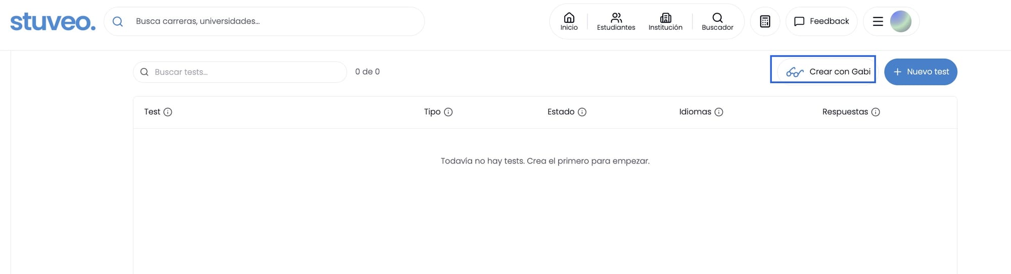 Página de Tests con el botón Crear con Gabi marcado