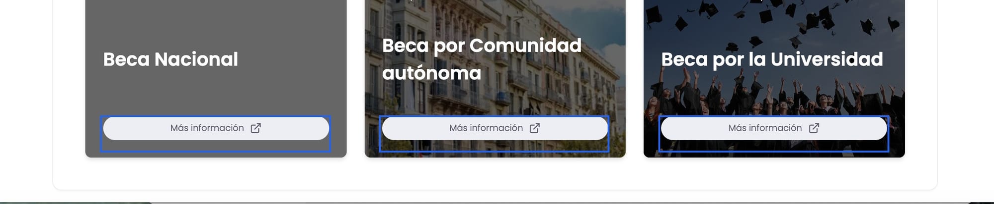 Pestaña Becas y Ayudas con las tres tarjetas y sus botones Más información marcados