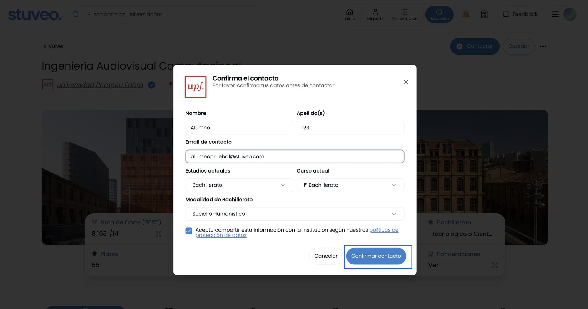 Modal de confirmación de contacto con el botón Confirmar contacto marcado