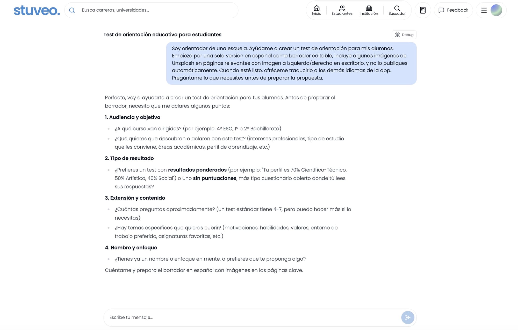 Chat de Gabi preguntando para ajustar el test