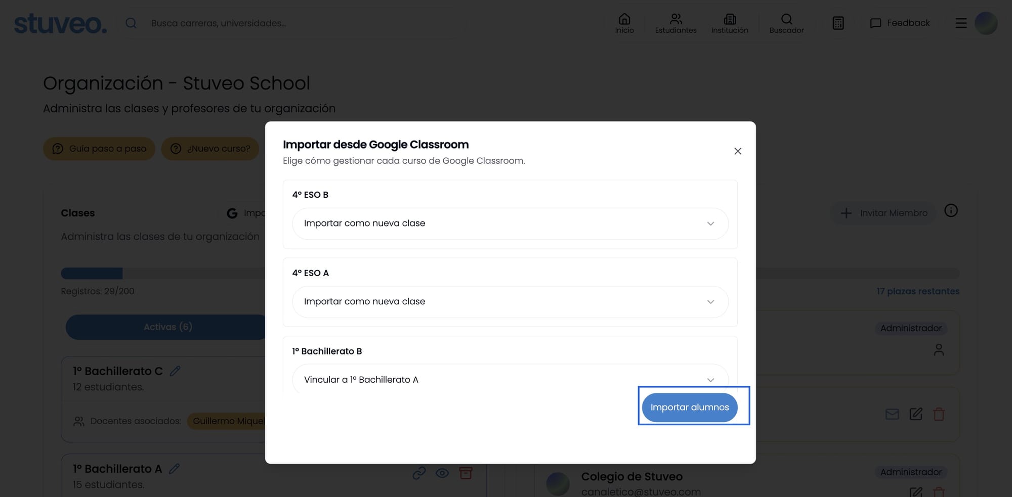 Modal Importar desde Google Classroom con el botón Importar alumnos marcado