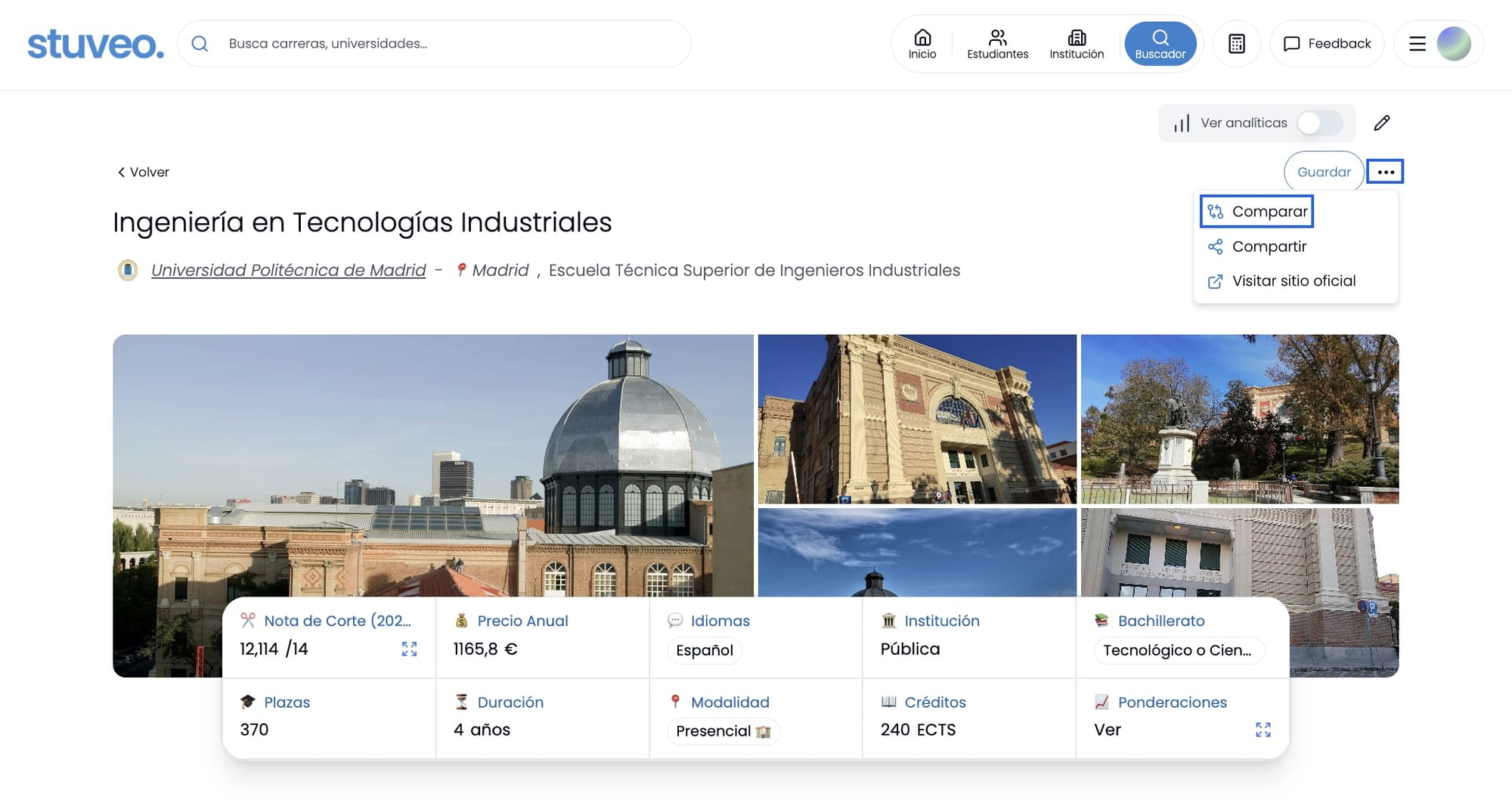 Ficha de un grado con el menú de opciones abierto y la opción Comparar marcada