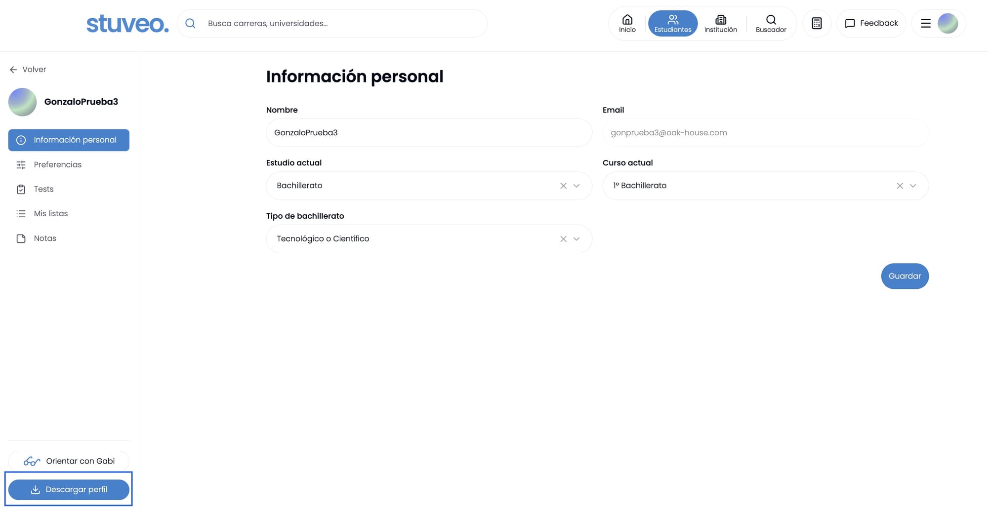 Perfil del alumno con el botón Descargar perfil marcado