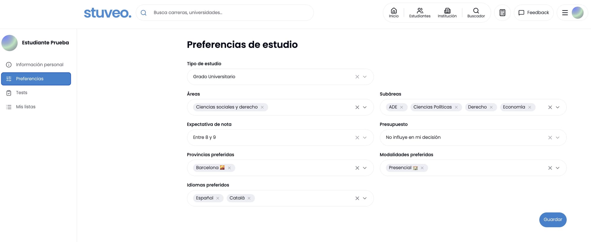 Página de Preferencias de estudio del alumno