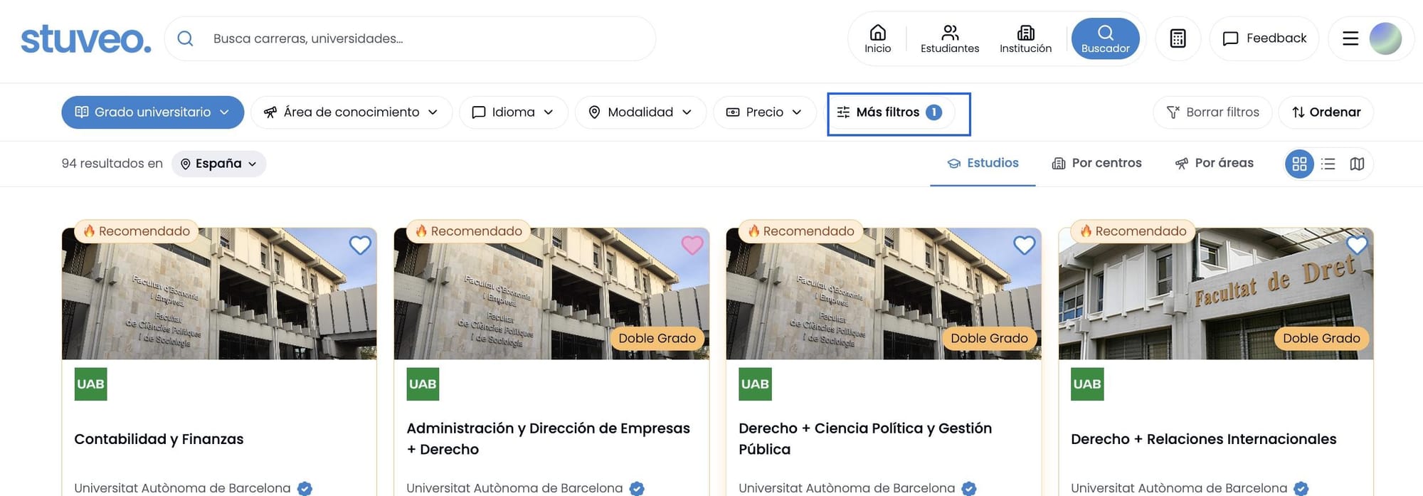 Resultados del buscador filtrados por jornadas de puertas abiertas próximas