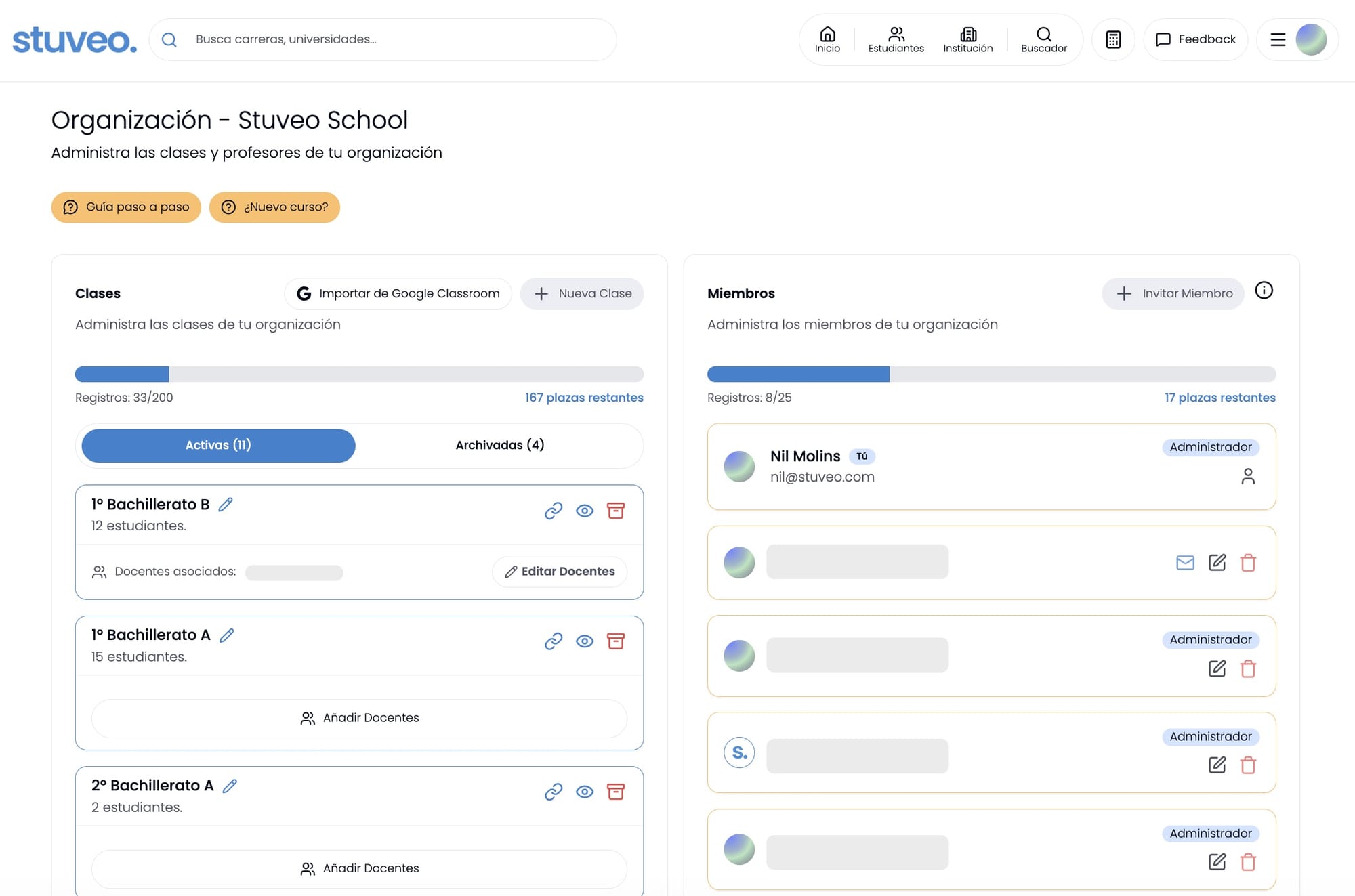 Panel de Clases con varias clases ya creadas