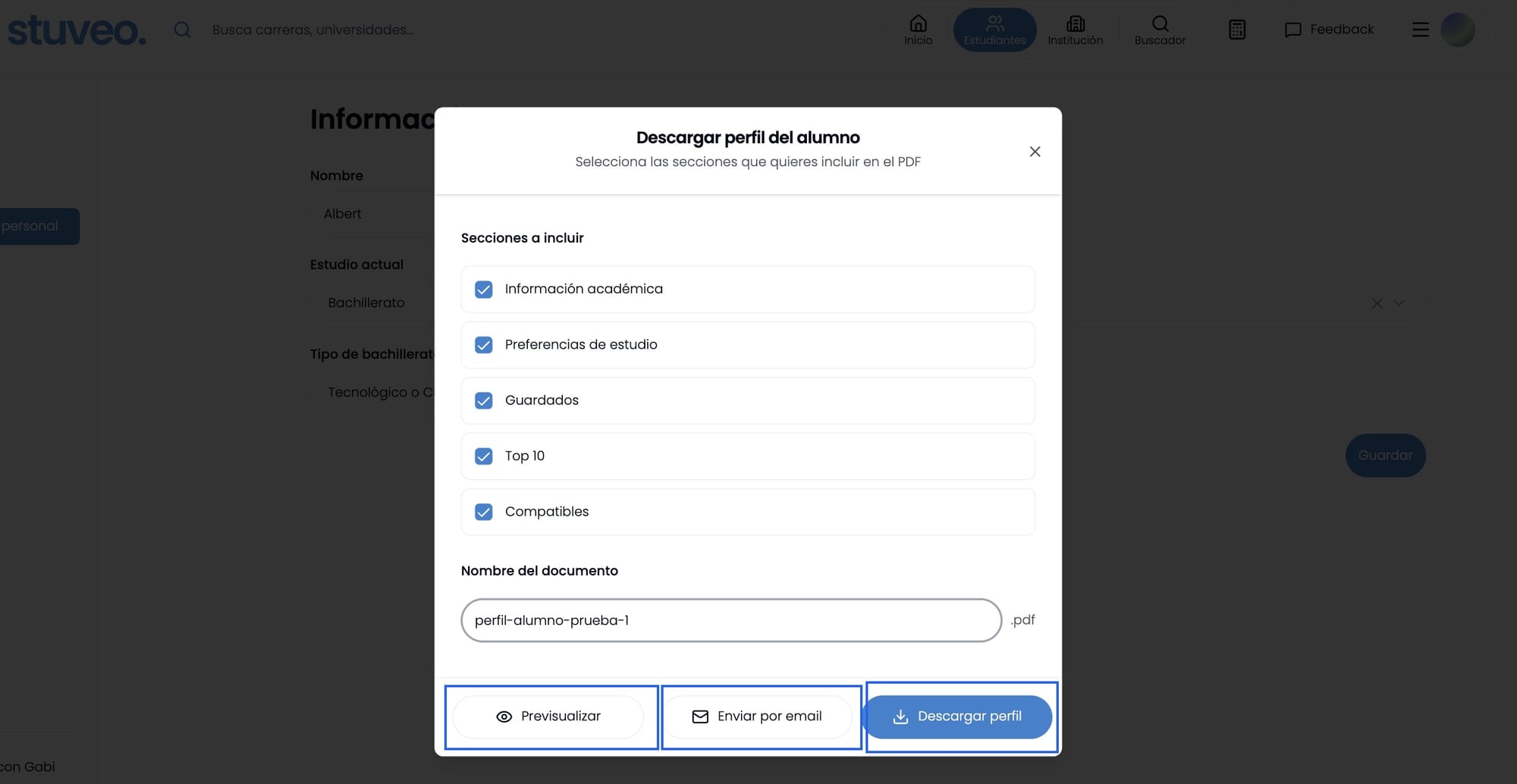 Modal Descargar perfil del alumno con las opciones Previsualizar, Enviar por email y Descargar perfil marcadas