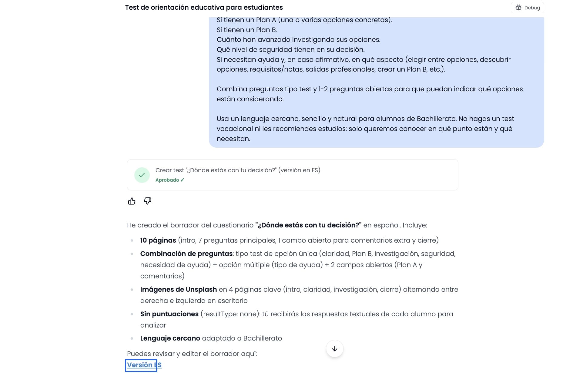 Gabi confirma la creación del test con un enlace al editor