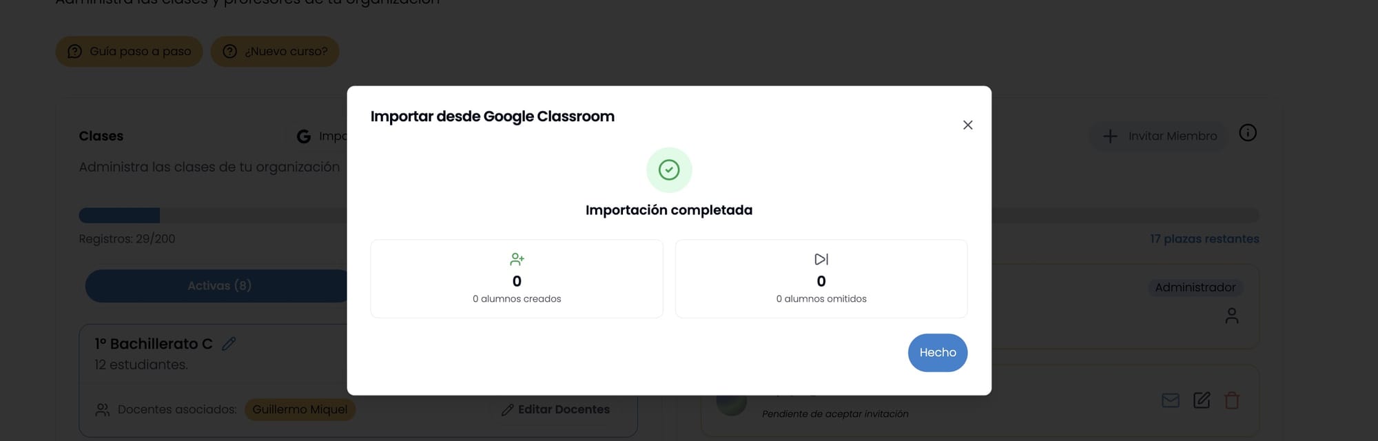 Modal de confirmación con la importación completada