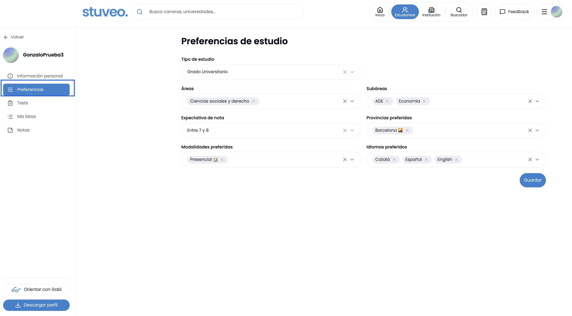 Pestaña Preferencias del perfil del alumno, marcada en el menú lateral