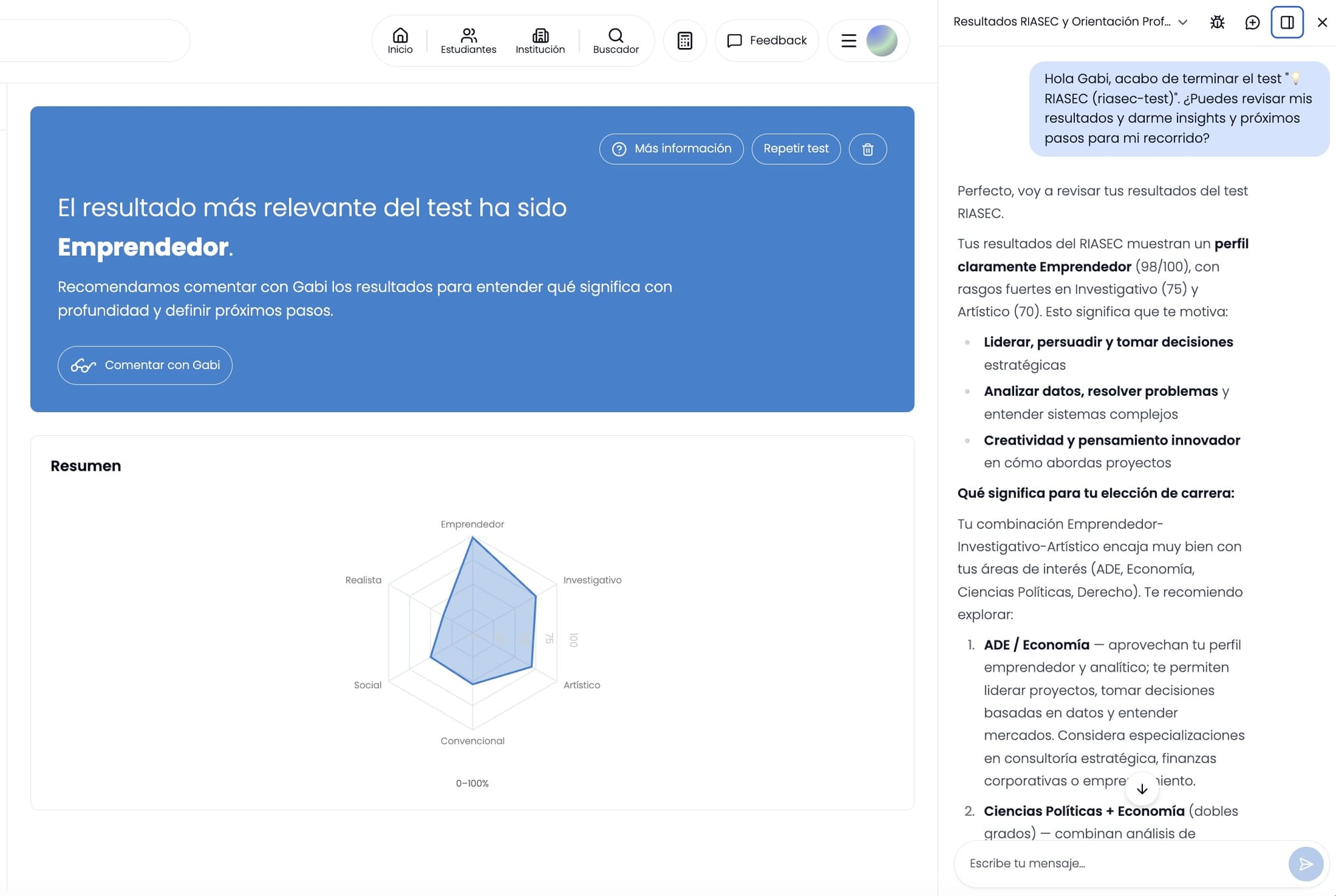 Respuesta detallada de Gabi, interpretando el perfil y sugiriendo estudios acordes a las preferencias del alumno
