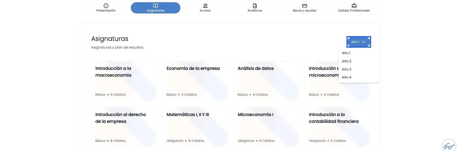 Desplegable de años en la sección de Asignaturas, con el botón