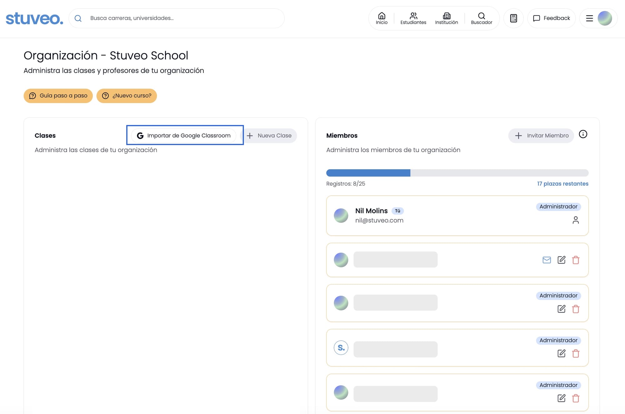 Panel de Clases vacío, con el botón Importar de Google Classroom marcado