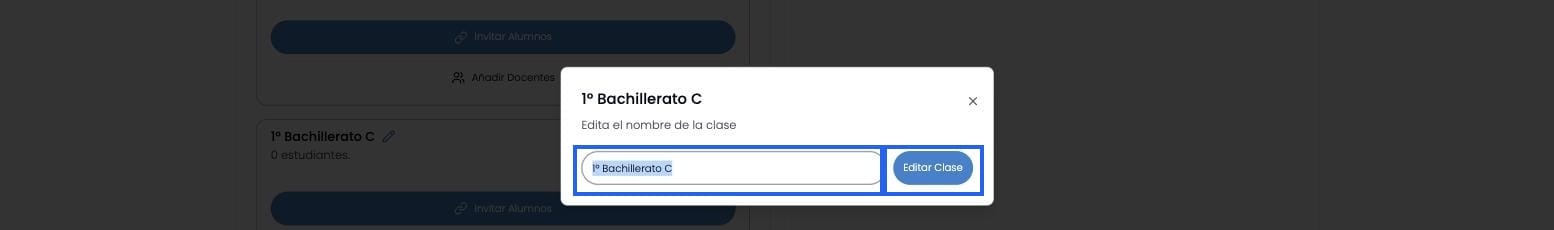 Ventana Editar Clase con el campo de nombre y el botón de confirmación marcados