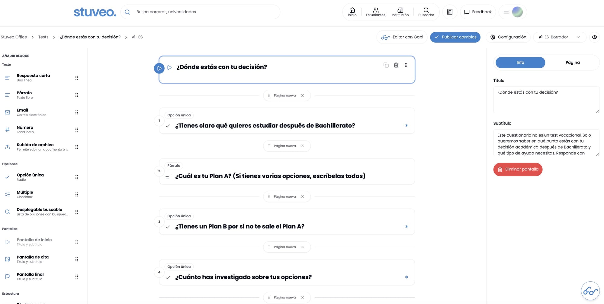 Editor con el test ya generado por Gabi, listo para revisar