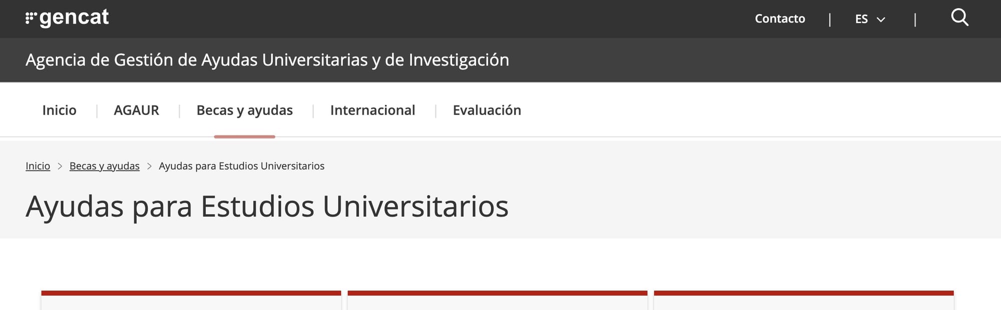 Página de ayudas para estudios universitarios de la Generalitat de Catalunya