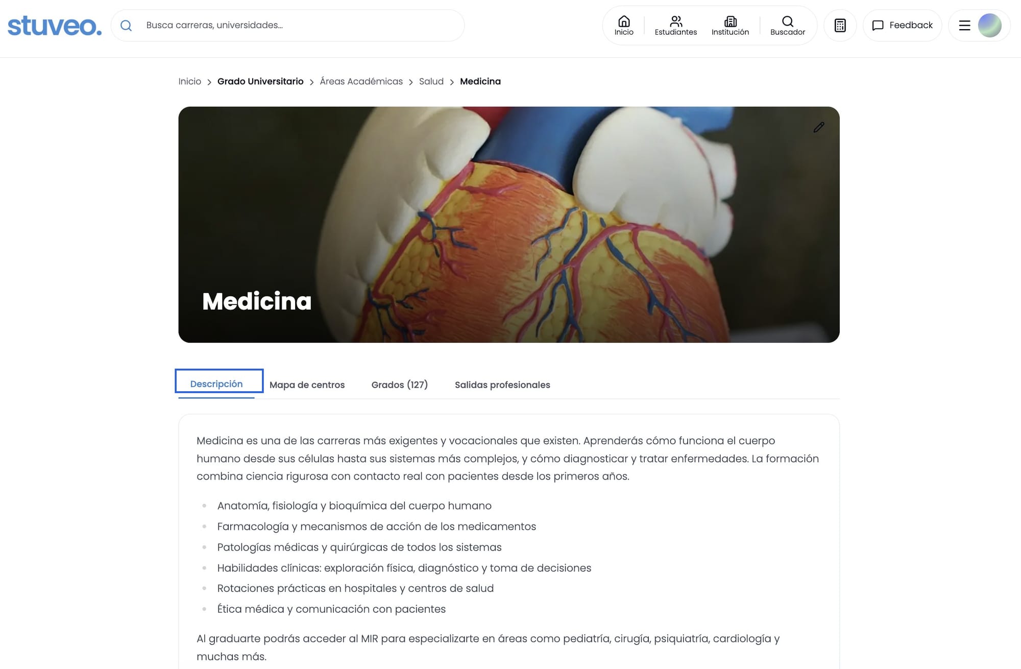 Página de Medicina, pestaña Descripción