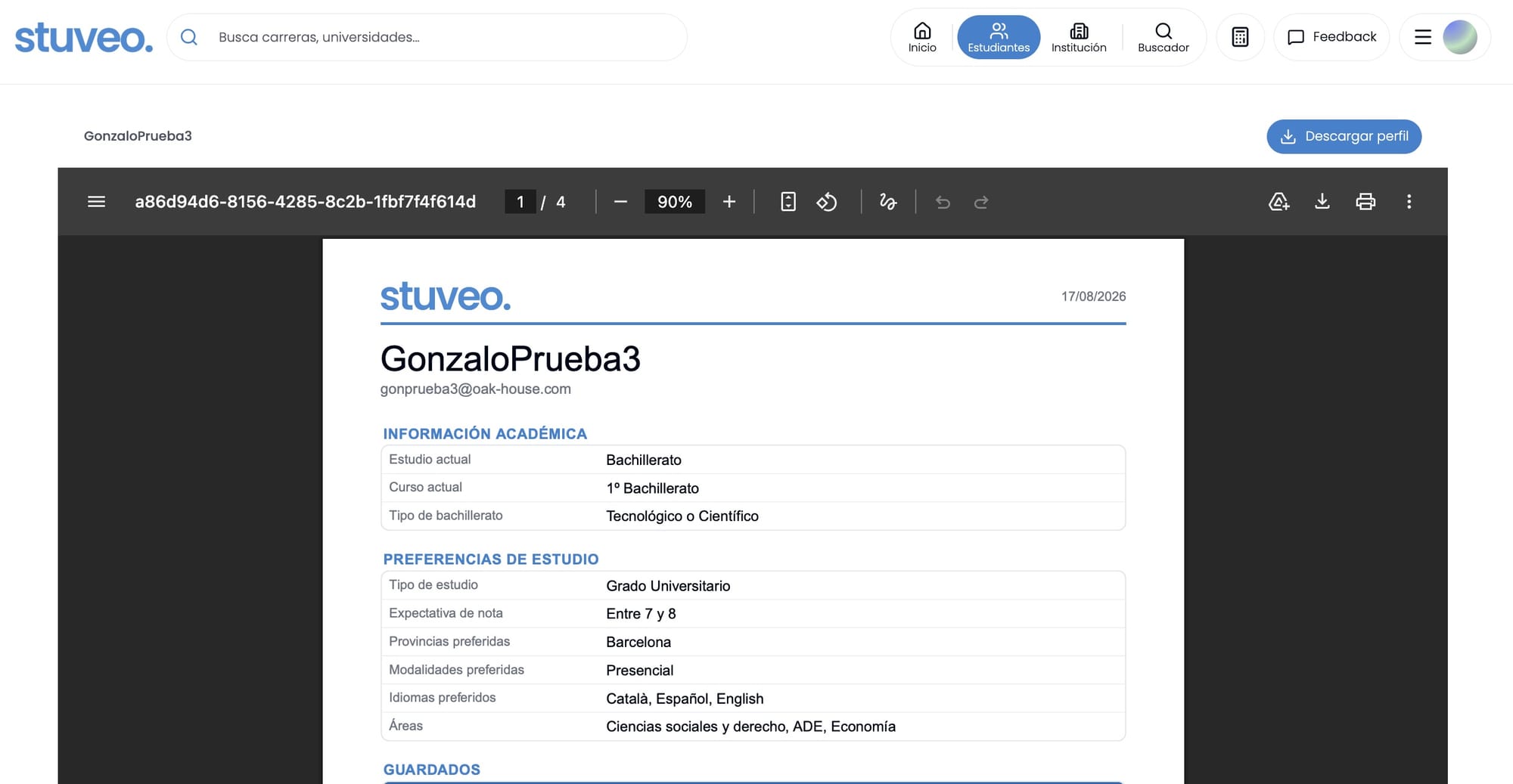 Previsualización del PDF generado con el informe del alumno
