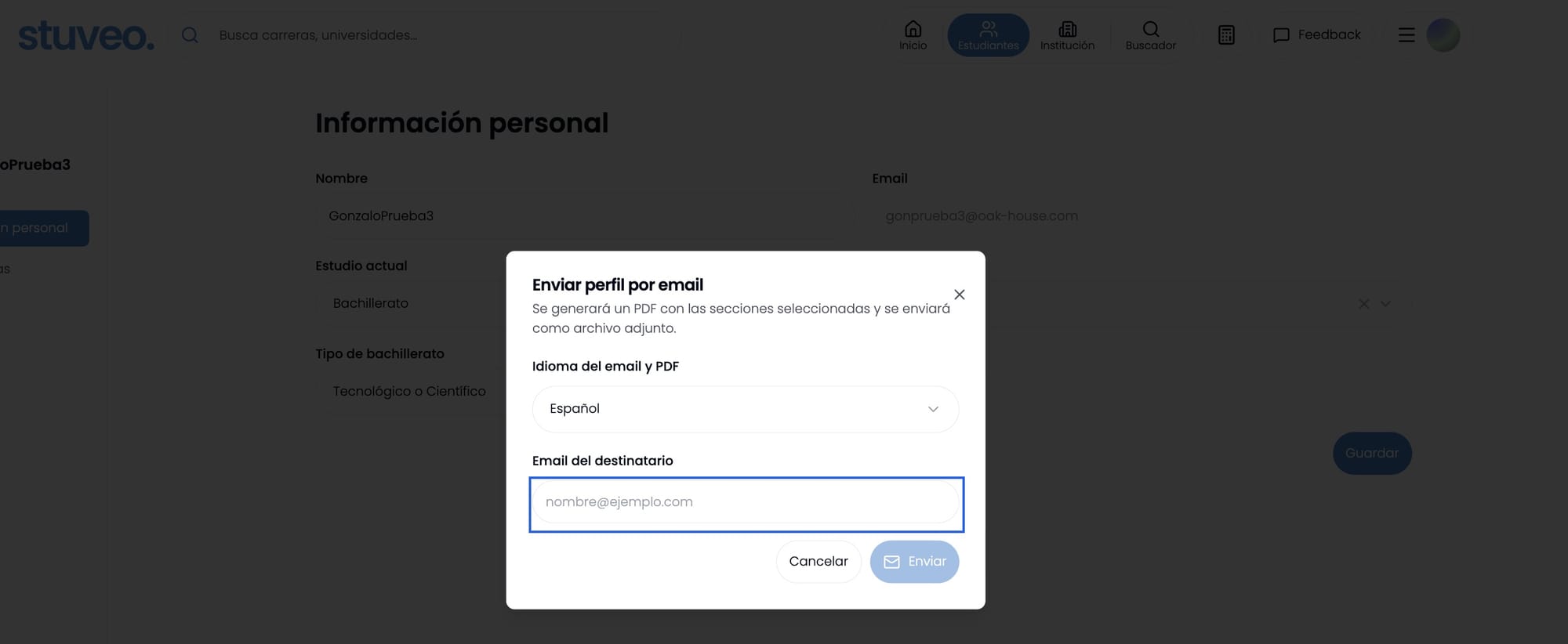 Modal Enviar perfil por email con el campo de email del destinatario marcado